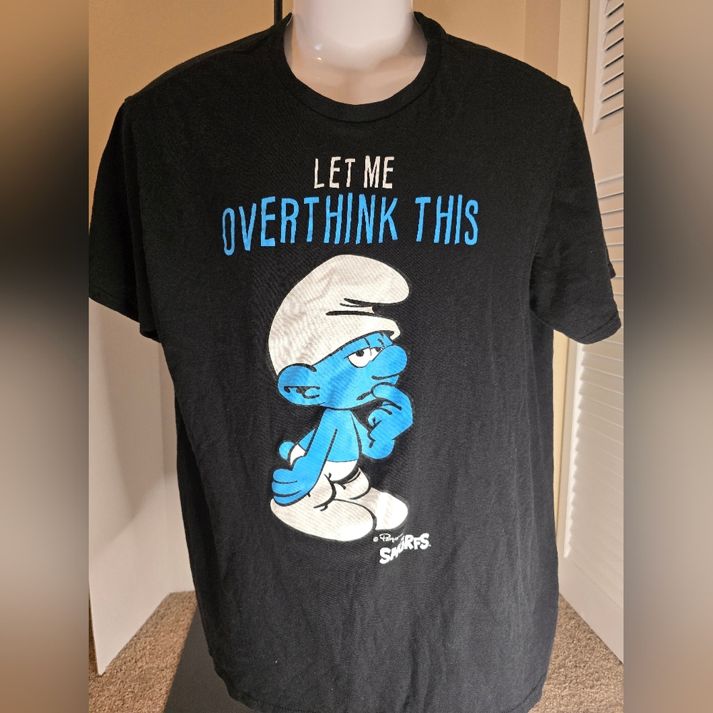 Men's The Smurfs Let Me Overthink This Black Graphic T-Shirt Size Large